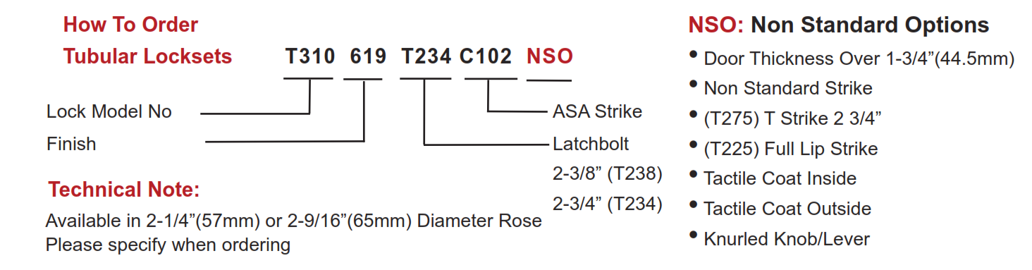 T300 Series Tubular Locksets - When ordering, specify the model number and finish.